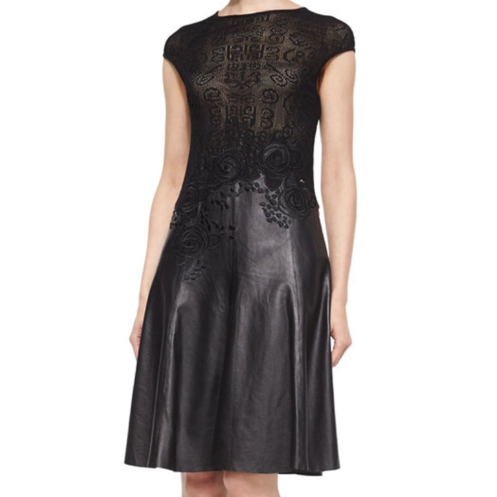 Escada Black Skater Dress Lace Knit Leather Combo Rose Embroidered Leather S